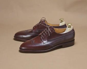 Handmade Brown Wingtip Derby Leather Dress Shoes for Men Wedding Formal