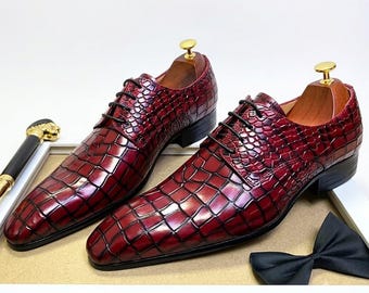 Zapatos Oxford de piel burdeos con relieve de cocodrilo, zapatos de vestir formales para hombre.