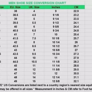 Peut inclure: Un tableau de conversion des pointures de chaussures avec un en-t&ecirc;te vert intitul&eacute; MEN SHOE SIZE CONVERSION CHART. Le tableau indique les tailles US, EU et UK ainsi que les mesures en pouces et en centim&egrave;tres, de la taille US 5 &agrave; 16.