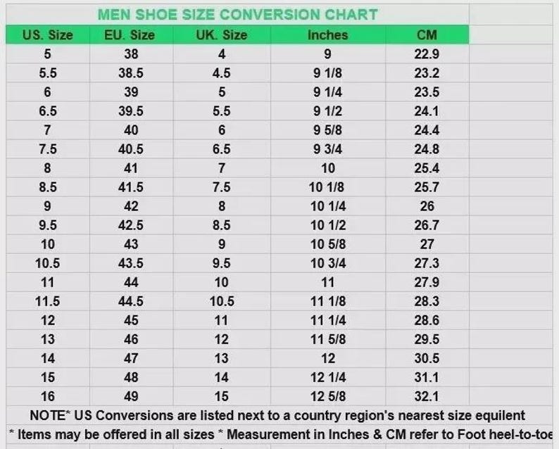 Peut inclure: Un tableau de conversion des pointures de chaussures avec un en-t&ecirc;te vert intitul&eacute; MEN SHOE SIZE CONVERSION CHART. Le tableau indique les tailles US, EU et UK ainsi que les mesures en pouces et en centim&egrave;tres, de la taille US 5 &agrave; 16.