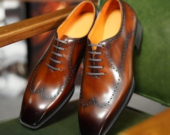 Handmade Brown Patina Leather Oxford Shoes for Men | Custom Brogue Dress Shoes | Luxury Formal Wedding Shoes | Square Toe