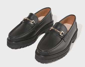Black Horsebit Loafers – Chunky Sole Slip On Smart Casual Shoes