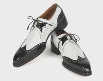 Men’s Black White Spectator Shoes – Two Tone Wingtip Oxford – Handmade Leather Dress Shoes – Vintage Formal Style