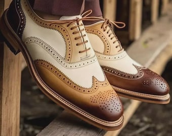 Men's Brown Beige Wingtip Brogue Oxford Leather Dress Shoes Handmade Formal