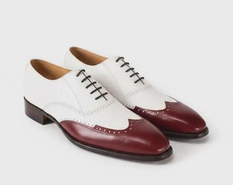 Handmade Two-Tone Wingtip Oxfords Leather Brogue Dress Formal Footwear