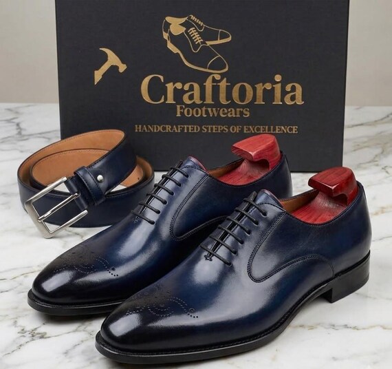 Men's Navy Blue Leather Oxford Shoes, Handmade Formal Dress Shoes, Wedding Footwear