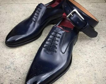 Chaussures Oxford en cuir bleu marine pour homme, chaussures habillées à bout golf faites main, chaussures de ville formelles