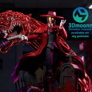 May include: A detailed statue of a character in a red coat and hat, holding a gun, with a monstrous red creature behind them. The statue is on a graveyard-themed base with the text "3Dmoonnn October reward available on my patreon".