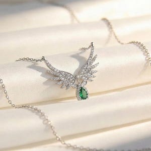 Sterling Silver Emerald Necklace Angel Wing Pendant Green Gemstone
