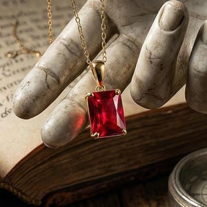 Gold Plated Sterling Silver Rectangle Ruby Red Pendant Necklace – Minimalist Dainty Jewelry