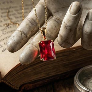 Gold Plated Sterling Silver Rectangle Ruby Red Pendant Necklace – Minimalist Dainty Jewelry