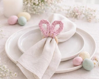 Macrame Bunny Napkin Rings Set, Easter Table Decor, Handmade Cotton Cord Wood Ring