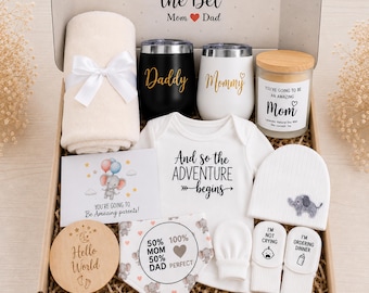 Neutral Pregnancy Announcement Basket, Mommy Daddy Tumbler Set, New Parent Essentials, Gender Reveal Surprise, Keepsake Crate