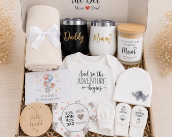 Neutral Pregnancy Announcement Basket, Mommy Daddy Tumbler Set, New Parent Essentials, Gender Reveal Surprise, Keepsake Crate