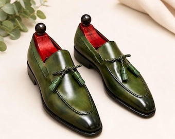 Men's Handmade Green Bronze Patina Tassel Loafers – Genuine Leather Dress Shoes