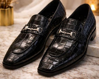 Handmade Black Croc-Embossed Leather Loafers for Men – Luxury Slip-On Dress Shoes