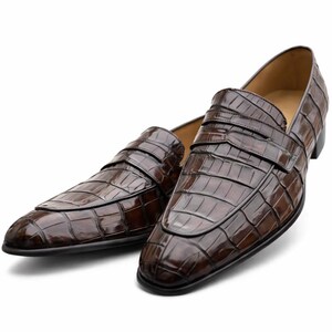 Handmade Brown Crocodile Texture Loafers | Men's Penny Loafer Dress Shoes | Slip-On Footwear image 4
