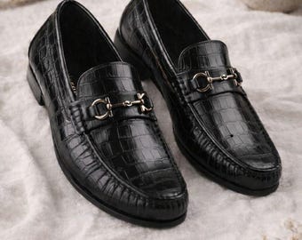 Handmade Black Croc-Embossed Leather Loafers for Men – Luxury Horsebit Slip-On Dress Shoes