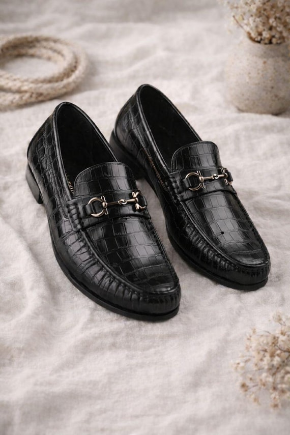 Handmade Black Croc-Embossed Leather Loafers for Men – Luxury Horsebit Slip-On Dress Shoes
