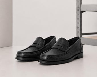 Men's Black Leather Penny Loafers | Handmade Dress Shoes, Business Footwear