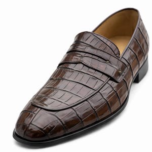 Handmade Brown Crocodile Texture Loafers | Men's Penny Loafer Dress Shoes | Slip-On Footwear image 5