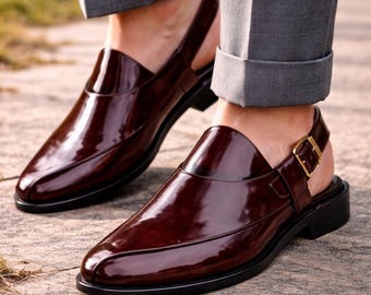 Handmade Brown Leather Slingback Shoes, Men's Formal Dress Loafers, Buckle Footwear