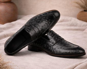 Handmade Black Ostrich-Embossed Leather Loafers for Men – Luxury Slip-On Dress Shoes
