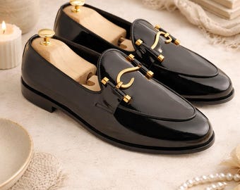 Handmade Black Patent Leather Horsebit Loafers - Men's Luxury Dress Shoes