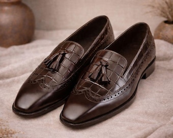 Handmade Dark Brown Croc-Embossed Leather Tassel Loafers for Men – Luxury Slip-On Dress Shoes