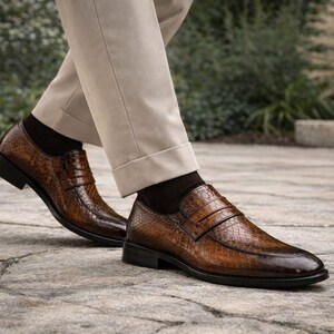 K&ouml;nnte beinhalten: Braune Leder-Loafer mit strukturiertem Muster. Die Schuhe haben ein klassisches Design mit runder Spitze und kleinem Absatz. Die Schuhe werden mit beigefarbener Hose und schwarzen Socken kombiniert. Auf einer Steinoberfl&auml;che.
