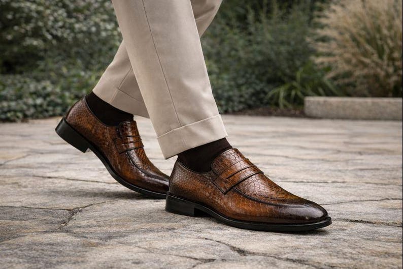 K&ouml;nnte beinhalten: Braune Leder-Loafer mit strukturiertem Muster. Die Schuhe haben ein klassisches Design mit runder Spitze und kleinem Absatz. Die Schuhe werden mit beigefarbener Hose und schwarzen Socken kombiniert. Auf einer Steinoberfl&auml;che.