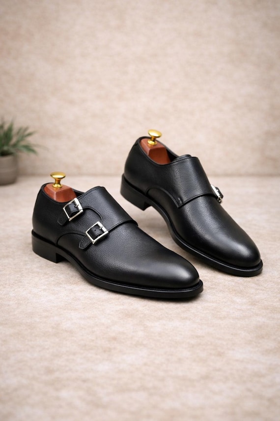 Handmade Men’s Black Double Monk Strap Shoes – Genuine Leather Formal Dress Shoes