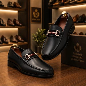 May include: A pair of black leather loafers featuring a gold-toned metal horsebit detail across the vamp, accented by a red and green fabric stripe. Each shoe includes a wooden shoe tree insert and rests near a box labelled Premium Handmade Leather Shoes.