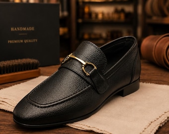 Handmade Black Leather Horsebit Loafers – Italian Style Men's Dress Shoes