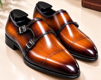 Handmade Brown Leather Double Monk Strap Dress Shoes, Italian Formal Wedding Oxford Footwear