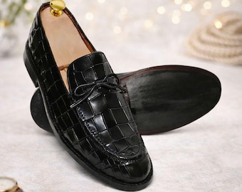 Handmade Black Croc-Embossed Leather Loafers for Men – Luxury Slip-On Dress Shoes, Formal & Wedding Wear