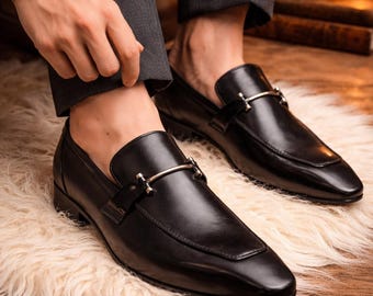 Handmade Black Leather Horsebit Loafers, Men's Formal Dress Shoes, Bespoke Slip On