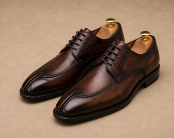 Handmade Chocolate Patina Split Toe Derby Shoes, Luxury Leather Dress Footwear