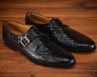 Handgemaakte zwarte leren schoenen met krokodillenleer voor heren – luxe formele schoenen