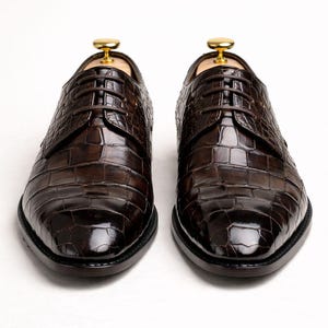 May include: A pair of brown leather dress shoes with a crocodile skin texture. The shoes are laced up and have a polished finish. Shoe trees are inserted inside the shoes. The background is white.