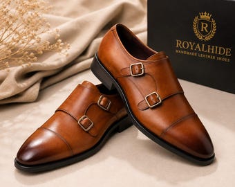 Handmade Brown Leather Double Monk Strap Shoes, Cap Toe Dress Footwear