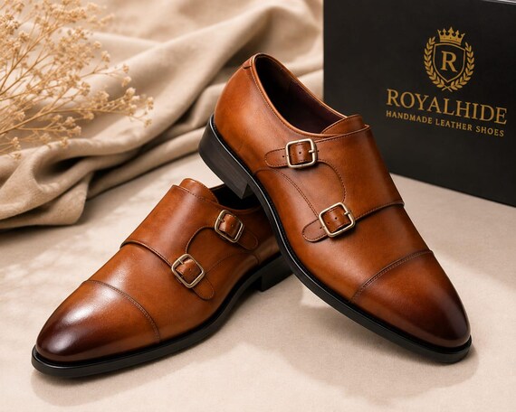 Handmade Brown Leather Double Monk Strap Shoes, Cap Toe Dress Footwear