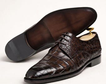 Handmade Brown Croc-Embossed Leather Oxford Shoes for Men – Luxury Formal Dress Shoes