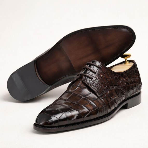 Handmade Brown Croc-Embossed Leather Oxford Shoes for Men – Luxury Formal Dress Shoes