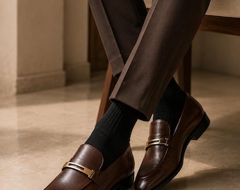 Handmade Brown Leather Loafers | Men's Gold Bit Dress Shoes, Formal Slip-On