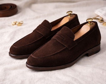 Handmade Men’s Dark Brown Suede Loafers – Classic Slip-On Dress Shoes, Stylish Office & Casual Wear