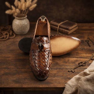 May include: Brown leather woven loafers with a decorative bee emblem. The shoes are displayed on a wooden surface with a blurred background. The loafers have a classic design and are suitable for formal or casual wear.