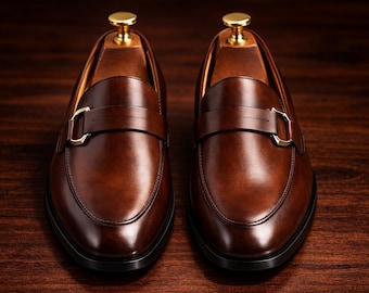 Handmade Brown Leather Loafers, Men's Luxury Slip On Dress Shoes