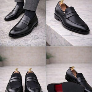 May include: Black leather penny loafers with a classic design. The shoes have a smooth finish and a low heel. The soles are black with a red accent. The image shows multiple views of the shoes, including a pair being worn.