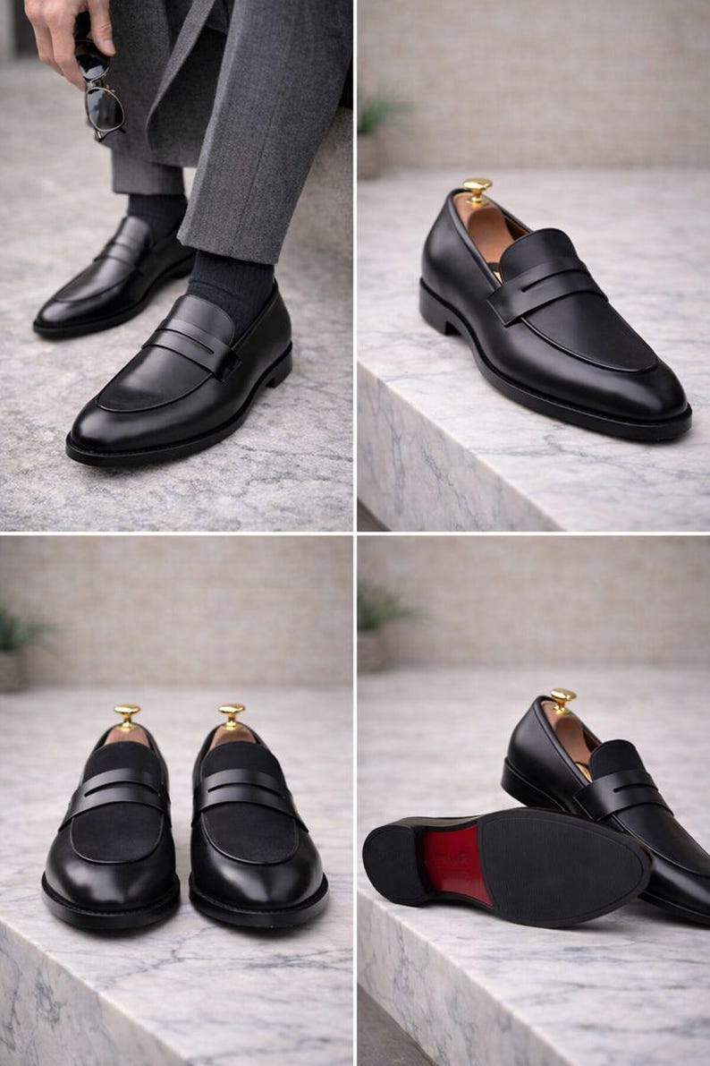 May include: Black leather penny loafers with a classic design. The shoes have a smooth finish and a low heel. The soles are black with a red accent. The image shows multiple views of the shoes, including a pair being worn.